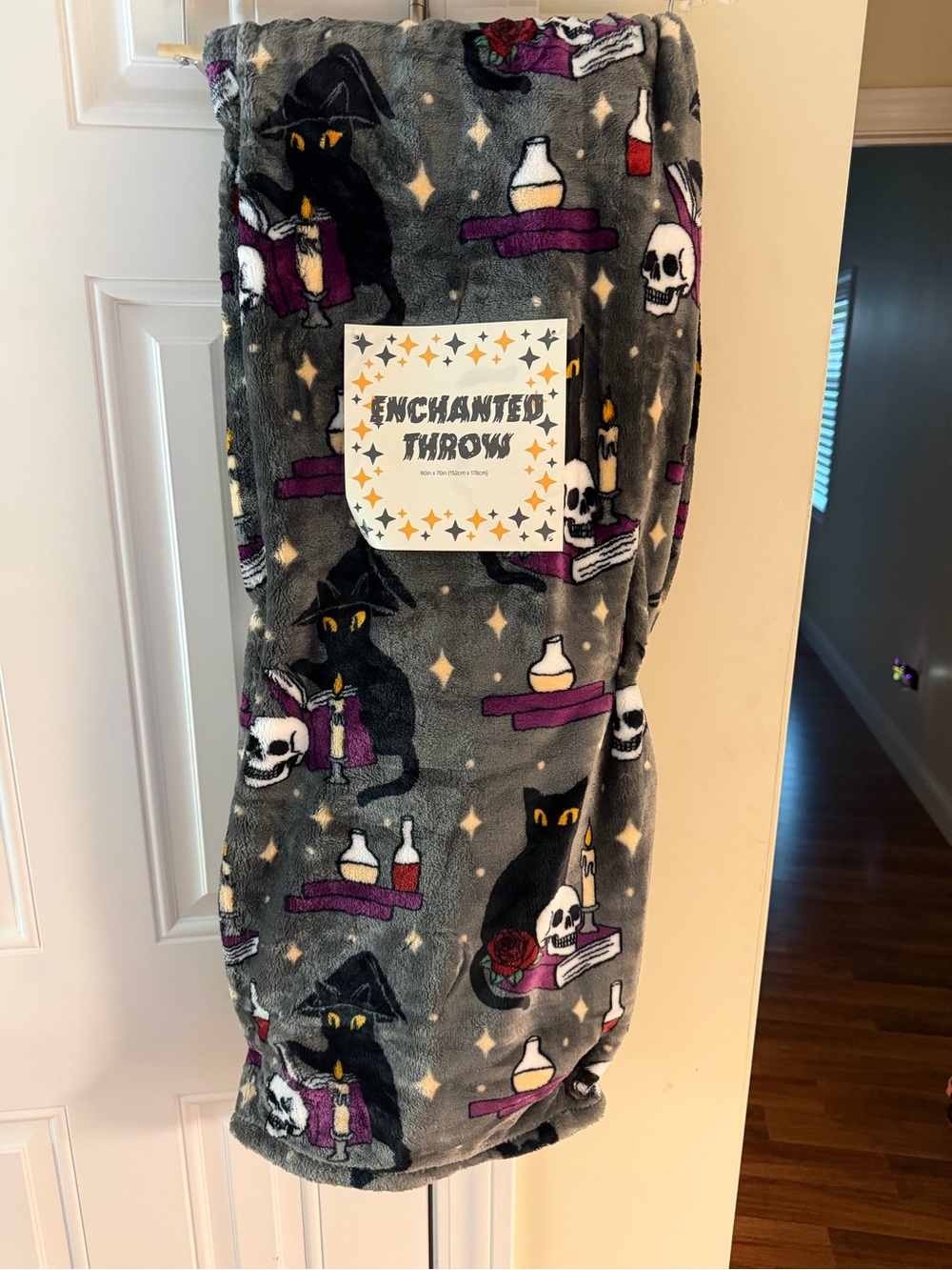 Enchanted Throw Halloween Blanket with Witch Cat Reading Book & Skulls Blanket
